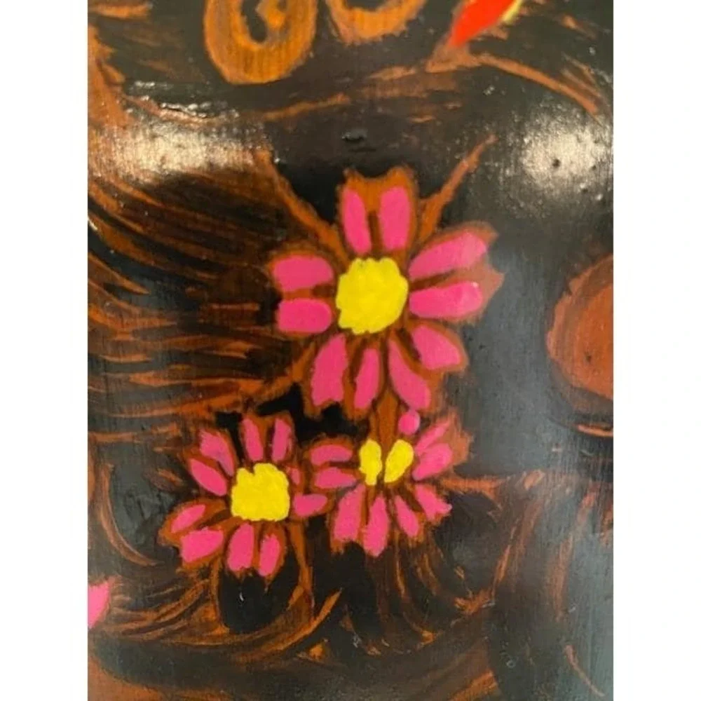 Vintage Hand Painted Wood Plaque Portrait Woman Flowers Mid Century Wall Art